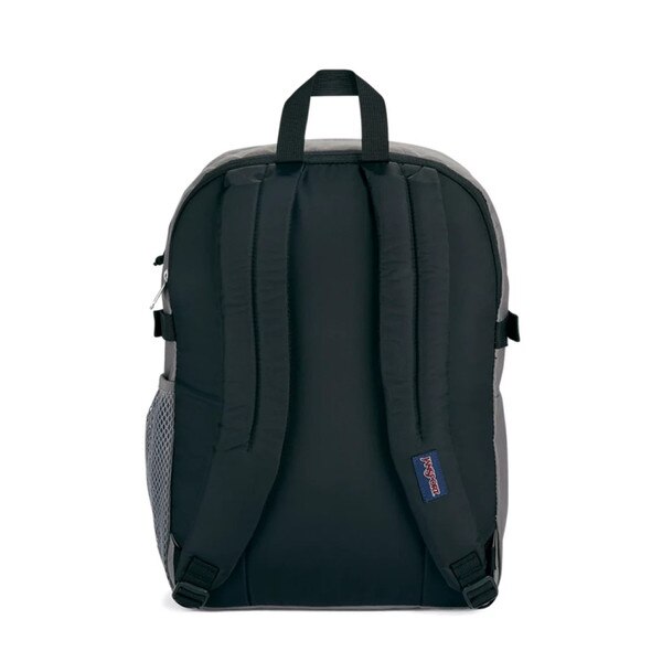 The back of the backpack with two adjustable shoulder straps and a top strap for holding.